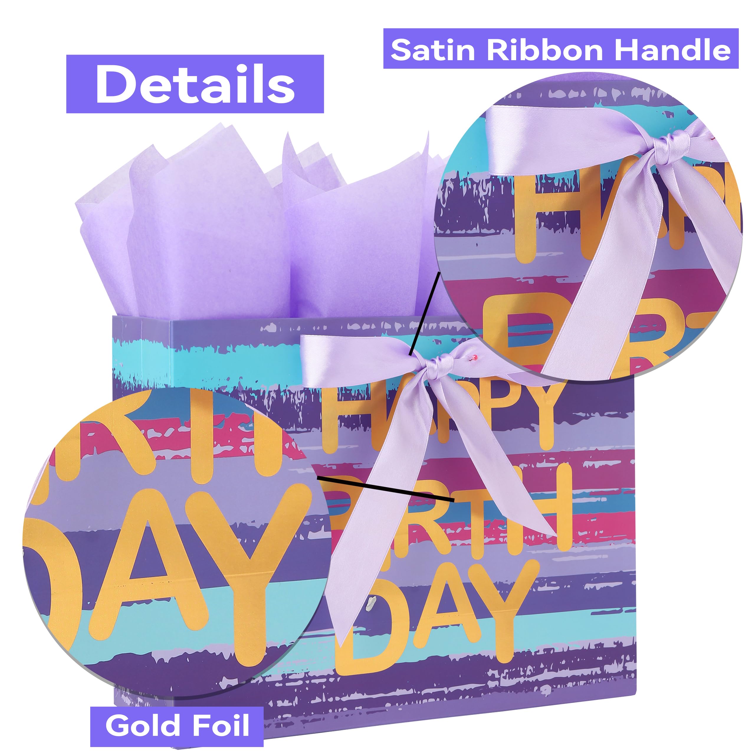 16.5” Extra Large Purple-blue Multicolor Watercolor Gift Bag Set with Greeting Card and Lavender Tissue Papers (Gold Foil ‘Happy Birthday’) for Women's or Men's Birthday Party, Girls', Boys' or Kids' Party, Baby Shower, Baby Girl or Boy -16.5”x5.5”x12.6”,