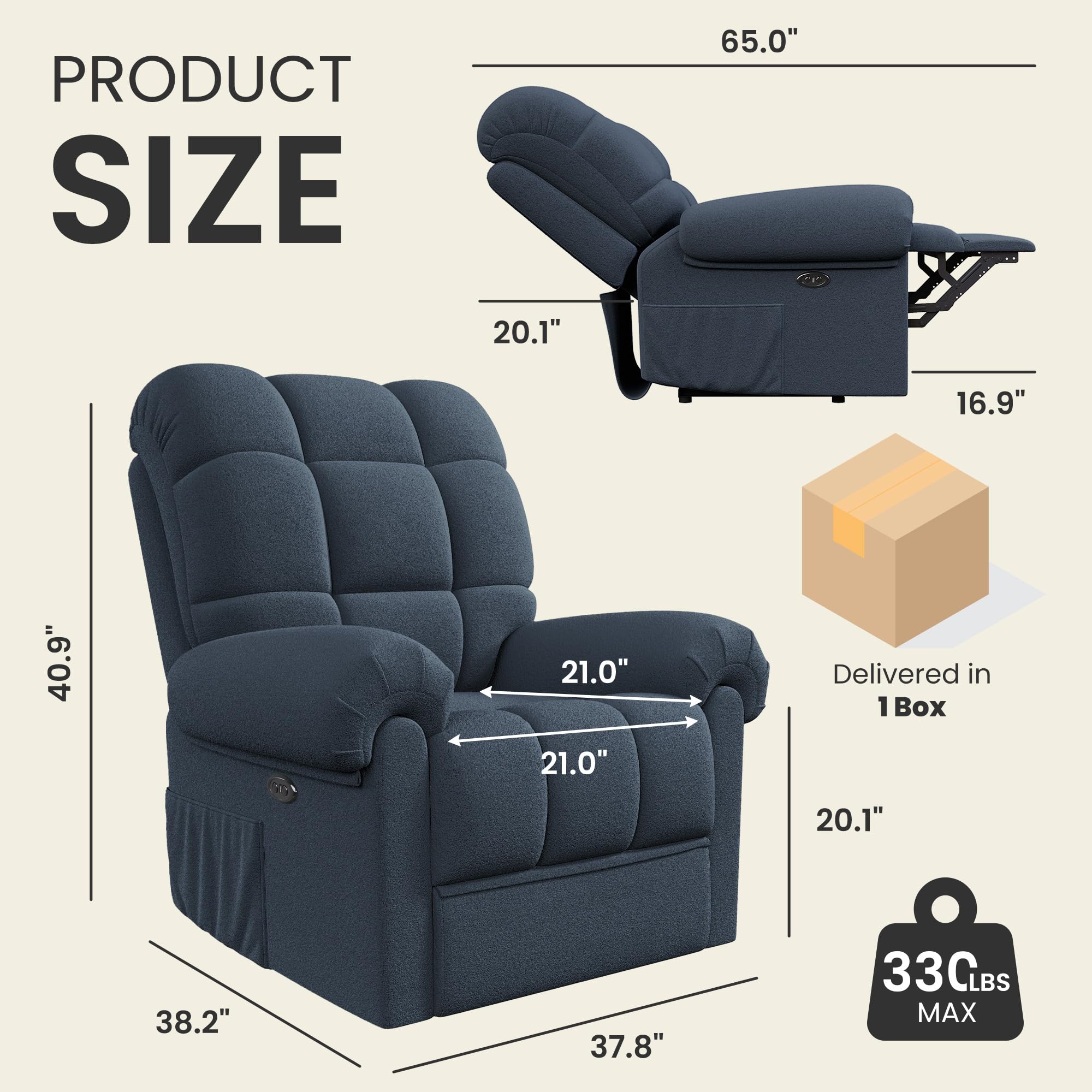 Welzona 2024 New Power Recliner Chair for Adults, Adjustable Electric Chair Power Reclining Sofa, USB Port, Ultra-Comfy Teddy Fleece Recliner for Living Room, Tool-Less Assembly Single Sofa, Blue Gray