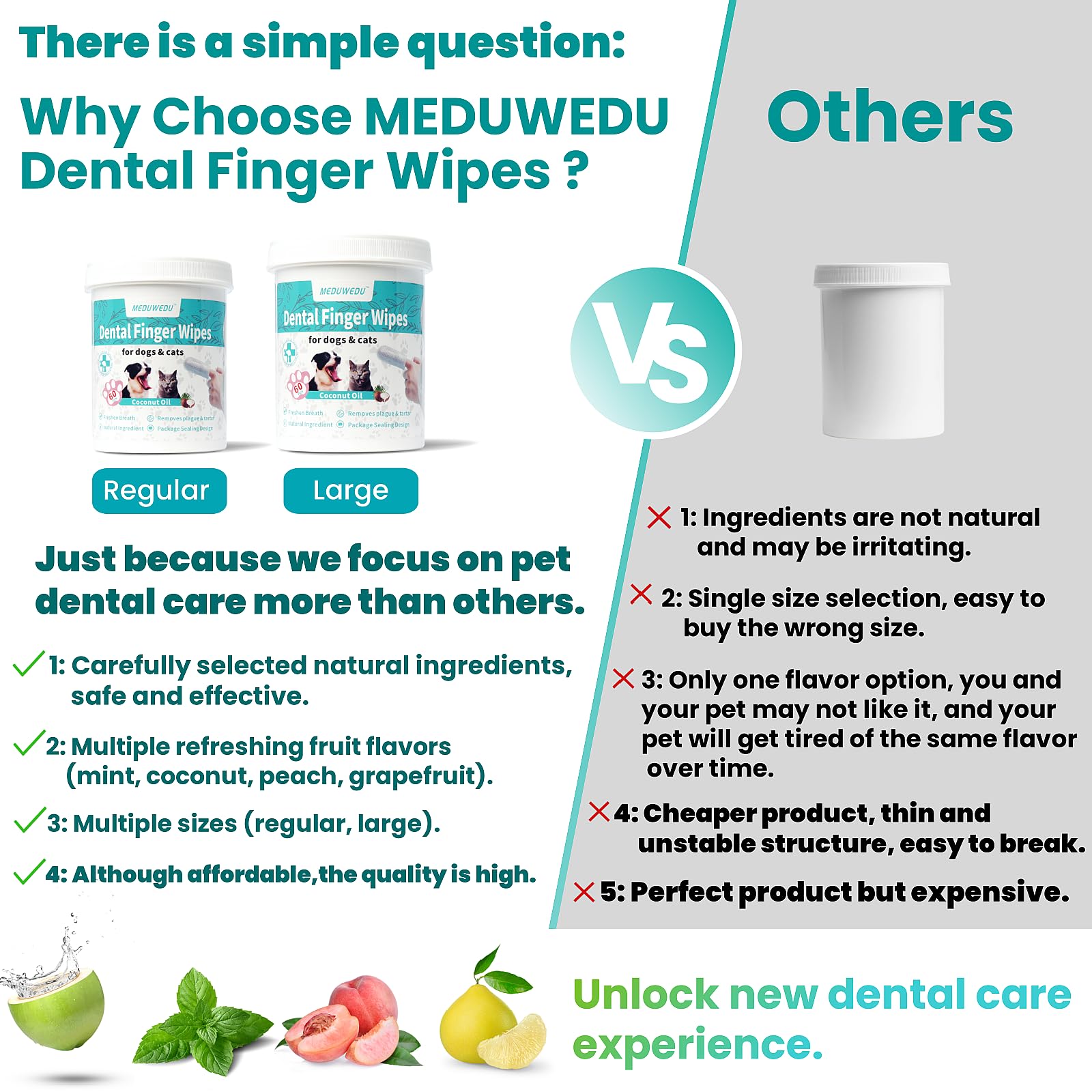 MEDUWEDU Dental Care Finger Wipes 60 Counts,Teeth Cleaning Finger Wipes for Dogs & Cats,Reduces Plaque & Freshens Breath, Coconut Scent