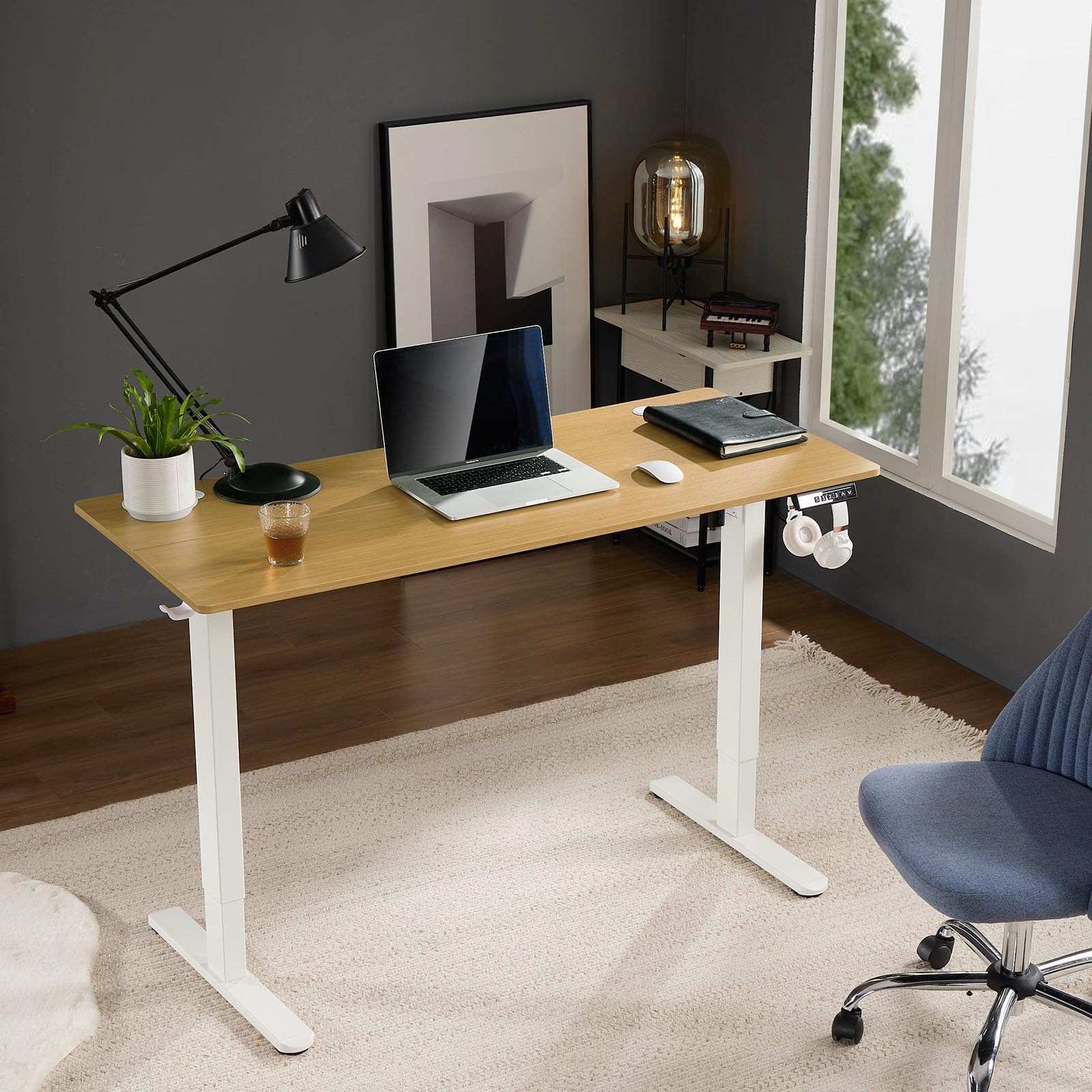 Sweetcrispy Electric Adjustable Height Standing Desk - 63 x 24 inch Sit to Stand Up Desk with Splice Board, Rising Home Office Computer Table with 2 Hook and Wire Hole for Work