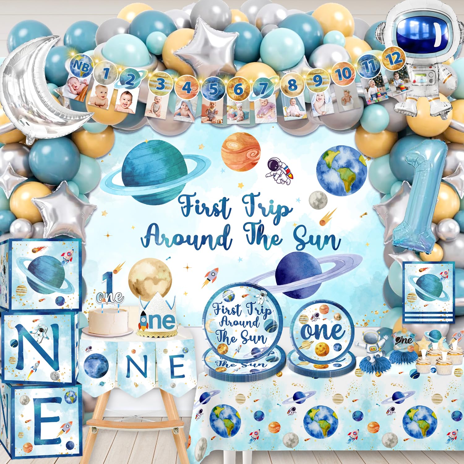 cocomigo 190pcs First Trip Around The Sun Decorations Set, Include Balloon Arch Kit, Backdrop, Plates, Tablecloth, Ballon Box, Etc, for 1st Trip Around The Sun Birthday Decorations Baby Shower