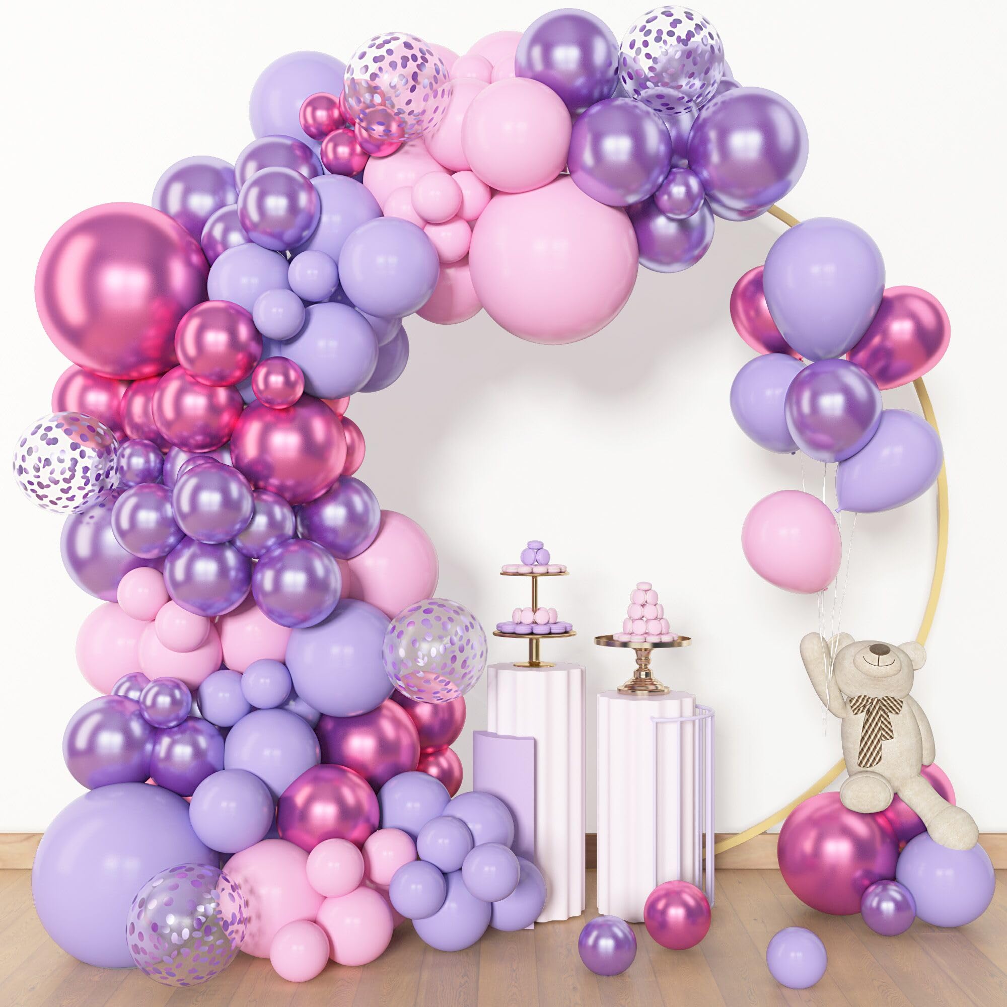 Amandir 153pcs Pink Purple Balloon Garland Arch Kit, Different Sizes 18 12 10 5 inch Pink Purple Red Latex Metallic Confetti Purple Balloons for Girl Women Birthday Bridal Baby Shower Party Decoration