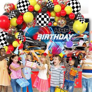 Lnkdeya Hot Cars Birthday Party Decoration - Race Cars Checked Birthday Balloon Garland Kit Cars Racing Backdrop Tablecloth