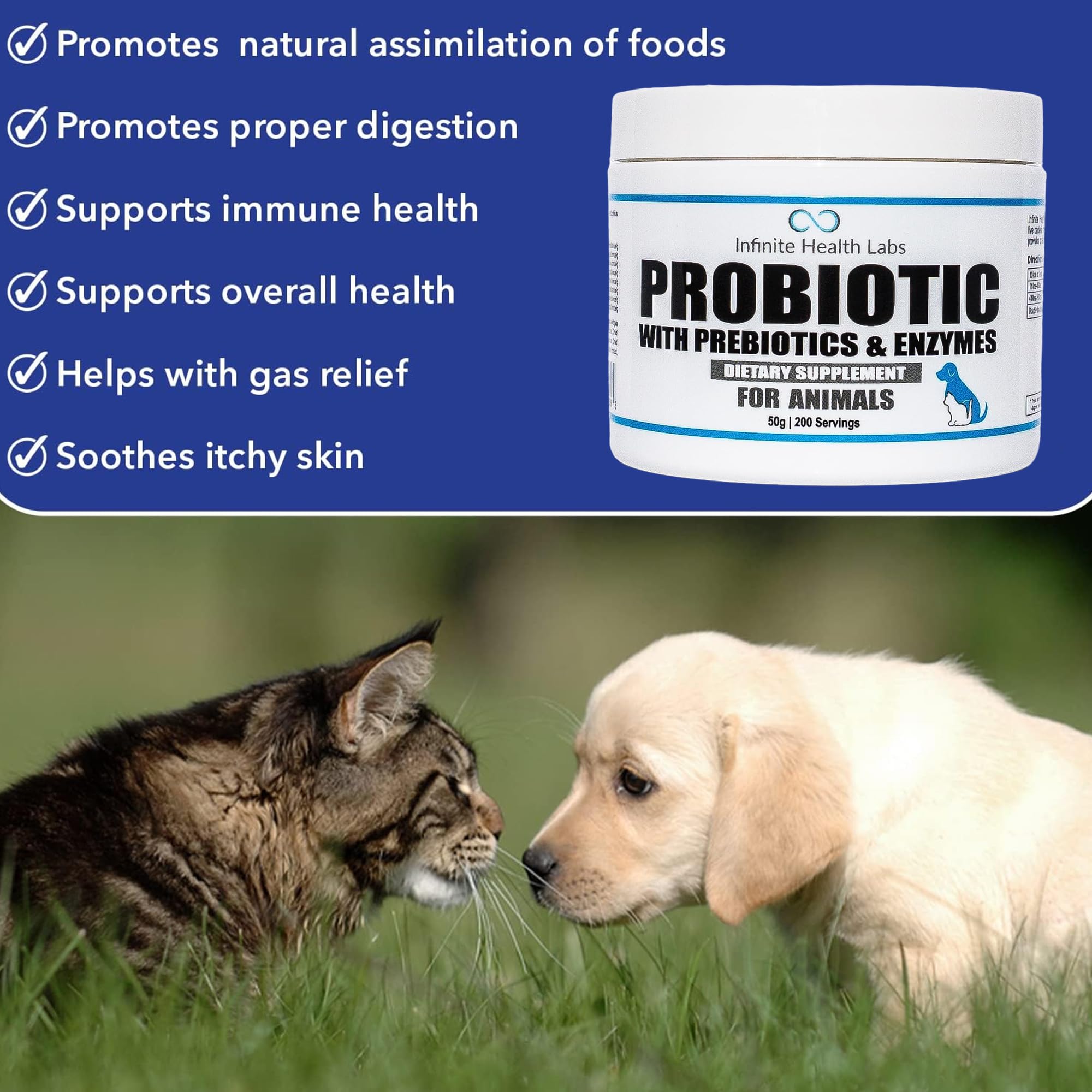 Probiotics for Dogs and Cats - Vet Formulated Made in USA Pet Prebiotic & Enzyme Powder for Digestive, Gut & Immune Health - 200 Servings (50 g)