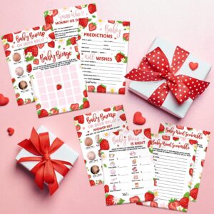 Sinasasspel 302pcs Strawberry Baby Shower Game Set Pack of 6 Activities for 50 Guests Includes Baby Shower Bingo, Baby Bump Or Beer Belly, Baby Word Scramble and More, Each 5x7 Inches