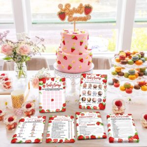 Sinasasspel 302pcs Strawberry Baby Shower Game Set Pack of 6 Activities for 50 Guests Includes Baby Shower Bingo, Baby Bump Or Beer Belly, Baby Word Scramble and More, Each 5x7 Inches