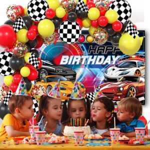 Lnkdeya Hot Cars Birthday Party Decoration - Race Cars Checked Birthday Balloon Garland Kit Cars Racing Backdrop Tablecloth