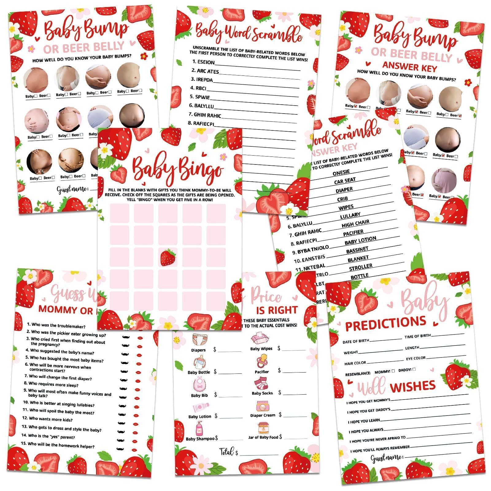 Sinasasspel 302pcs Strawberry Baby Shower Game Set Pack of 6 Activities for 50 Guests Includes Baby Shower Bingo, Baby Bump Or Beer Belly, Baby Word Scramble and More, Each 5x7 Inches