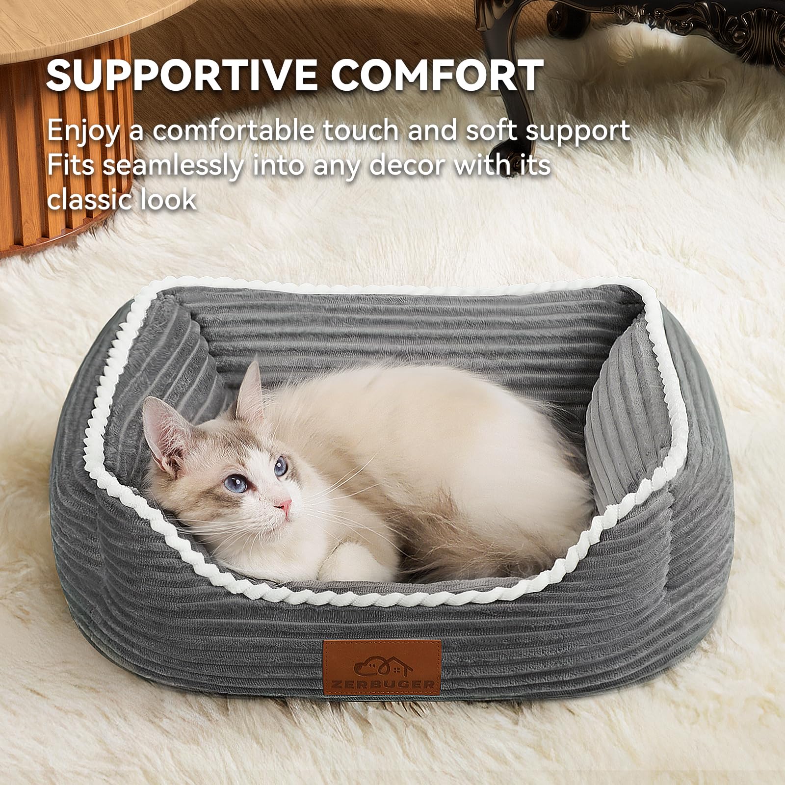 Cat Dog Bed for Pets, Rectangle Pet Bed Gift for Puppy and Kitten, Machine Washable Calming Fluffy Pet Couch Sofa for Indoor Outdoor, Portable Soft Cat Bed with Non-Slip Bottom (Small, Grey)