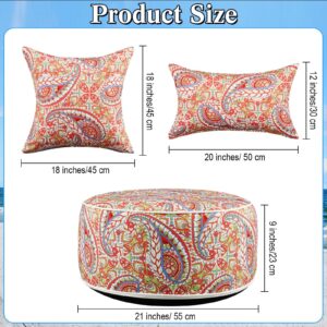 Anglechic 3 Pcs Indoor Outdoor Inflatable Ottoman Inflatable Lumbar Pillow and Toss Pillows, Fade Resistant Round Footrest Stool D21''x H9'', Portable for Patio Garden Camping or Home (Paisley)