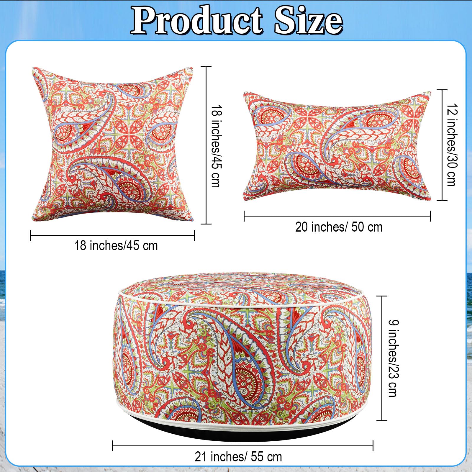 Anglechic 3 Pcs Indoor Outdoor Inflatable Ottoman Inflatable Lumbar Pillow and Toss Pillows, Fade Resistant Round Footrest Stool D21''x H9'', Portable for Patio Garden Camping or Home (Paisley)