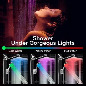 Shower Head with LED, High Pressure 10'' Rain Shower Head with 11'' Adjustable Extension Arm, LED Shower Head Color Changing Based On Water Temperture, Stainless Steel Shower Head with Hose, Chrome