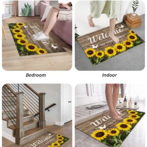 Front Door Mat Indoor Outdoor Entrance, Welcome Sunflower on a Wooden Board Non-Slip Doormat Fade Resistant, Low Profile, Easy Clean Patio Porch Entryway Mat 36x24 inches