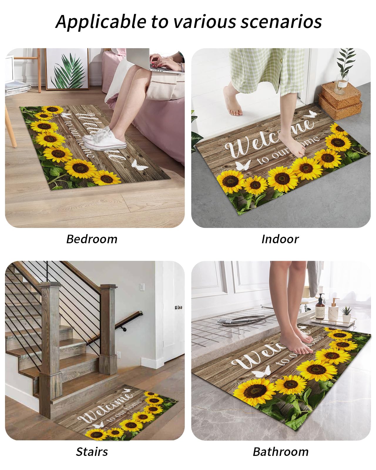 Front Door Mat Indoor Outdoor Entrance, Welcome Sunflower on a Wooden Board Non-Slip Doormat Fade Resistant, Low Profile, Easy Clean Patio Porch Entryway Mat 36x24 inches