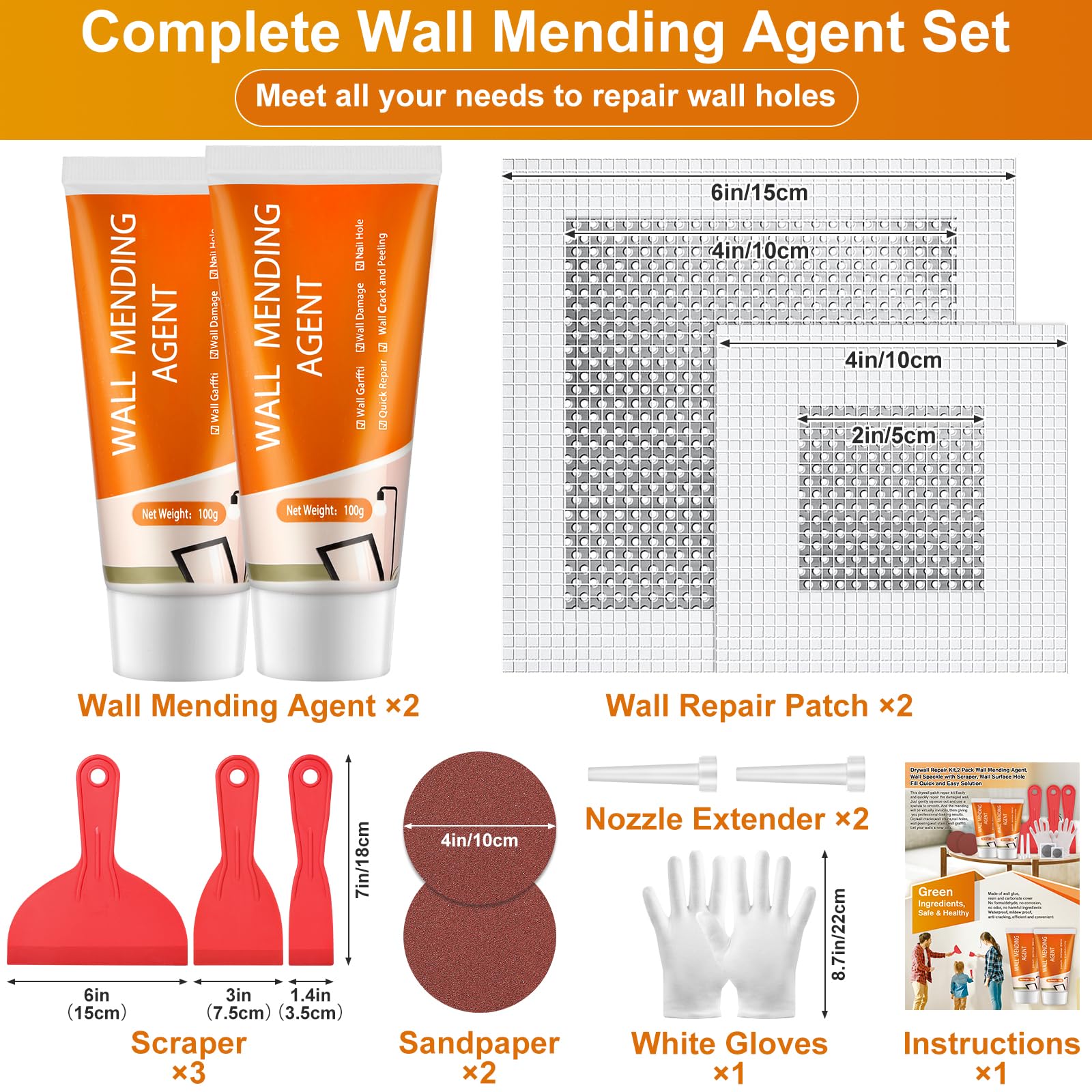 Mckanti 2 Pcs Drywall Repair Kit, Spackle Plaster Wall Repair kit Drywall Hole Patch Kit with Wall Mending Agent, Scrapers, Large Hole Drywall Patch, Sandpaper and Gloves for Wall Surface Crack Fill