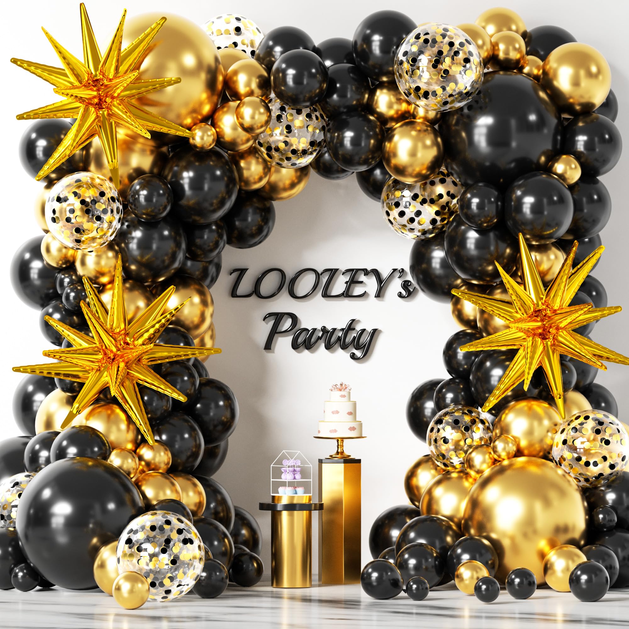 137Pcs Black and Gold Balloons Garland Arch Kit with Stars - 5 10 12 18 inch Black Gold Confetti Latex Party Balloons for 2024 Graduation Retirement Decorations Birthday