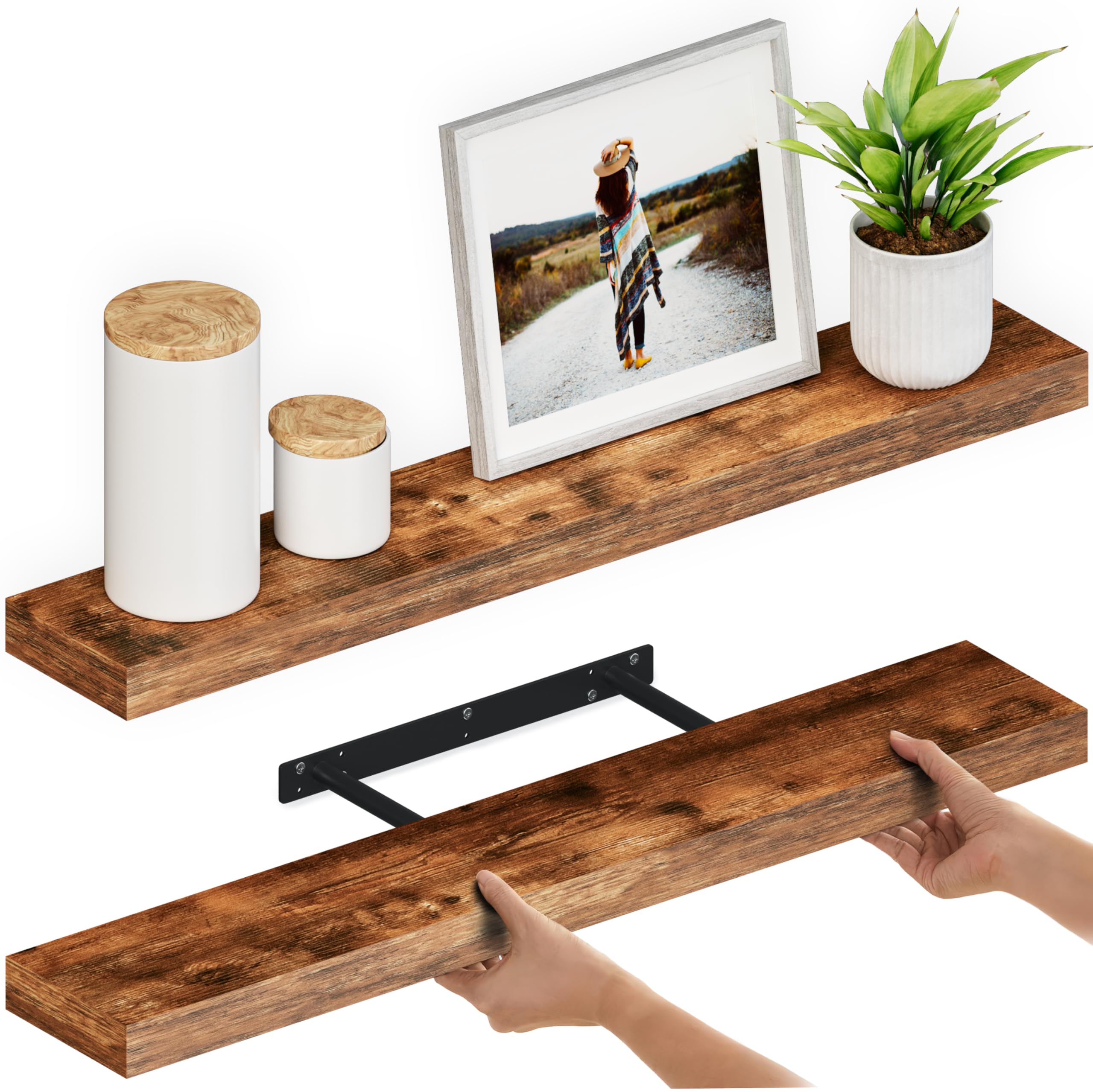 Ballucci Floating Shelves, 36" Wood Wall Shelf Set of 2, with Invisible Brackets for Bathroom, Living Room, Bedroom, Kitchen, Nursery, 6" Deep, Rustic Brown