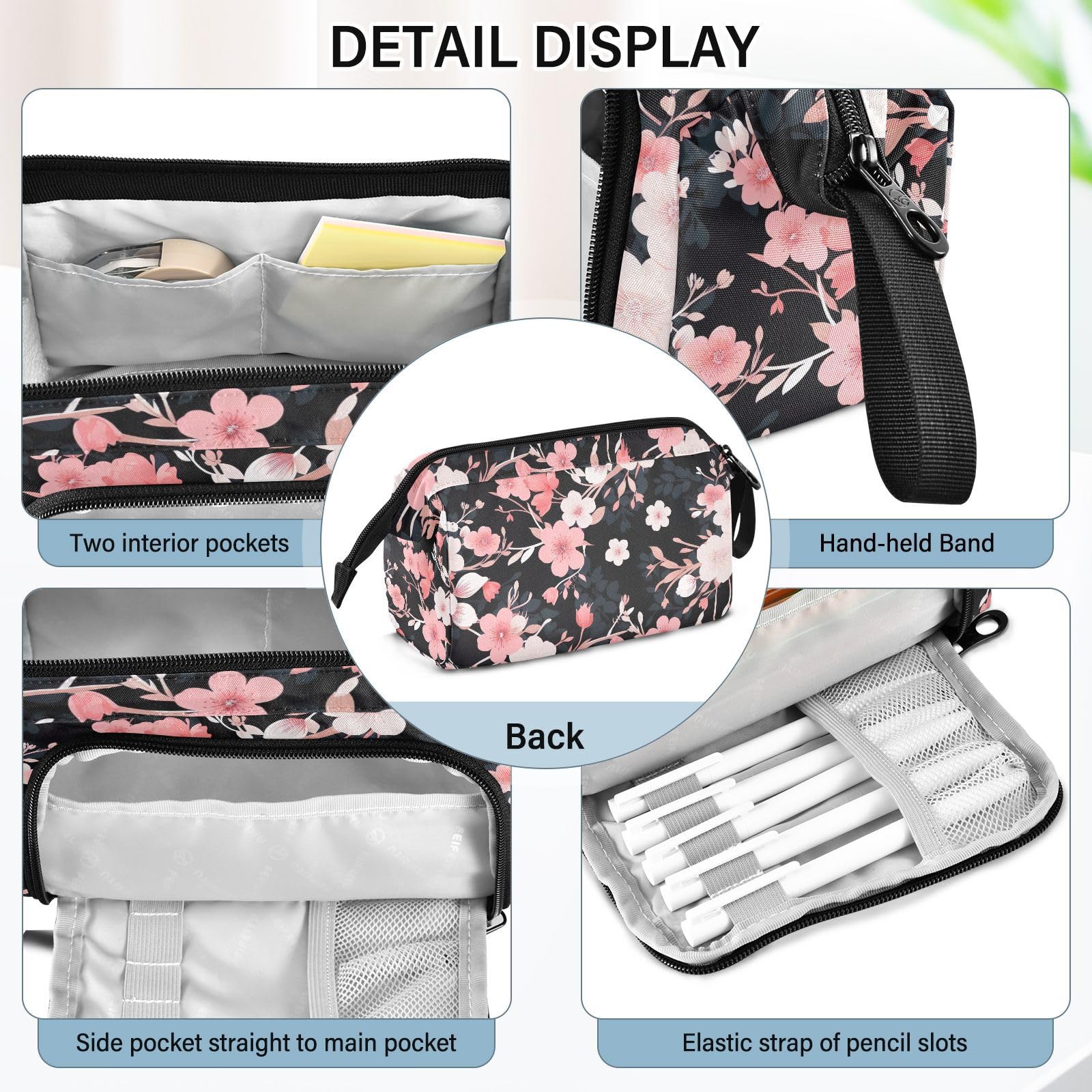 Generic Cherry Blossom Floral Large Pencil Case Pouch Pen Case for Girls Boys Adults Big Capacity Portable Pen Case Bag with Zipper Pencil Cases Pouches for Study Middle School Office College Desk