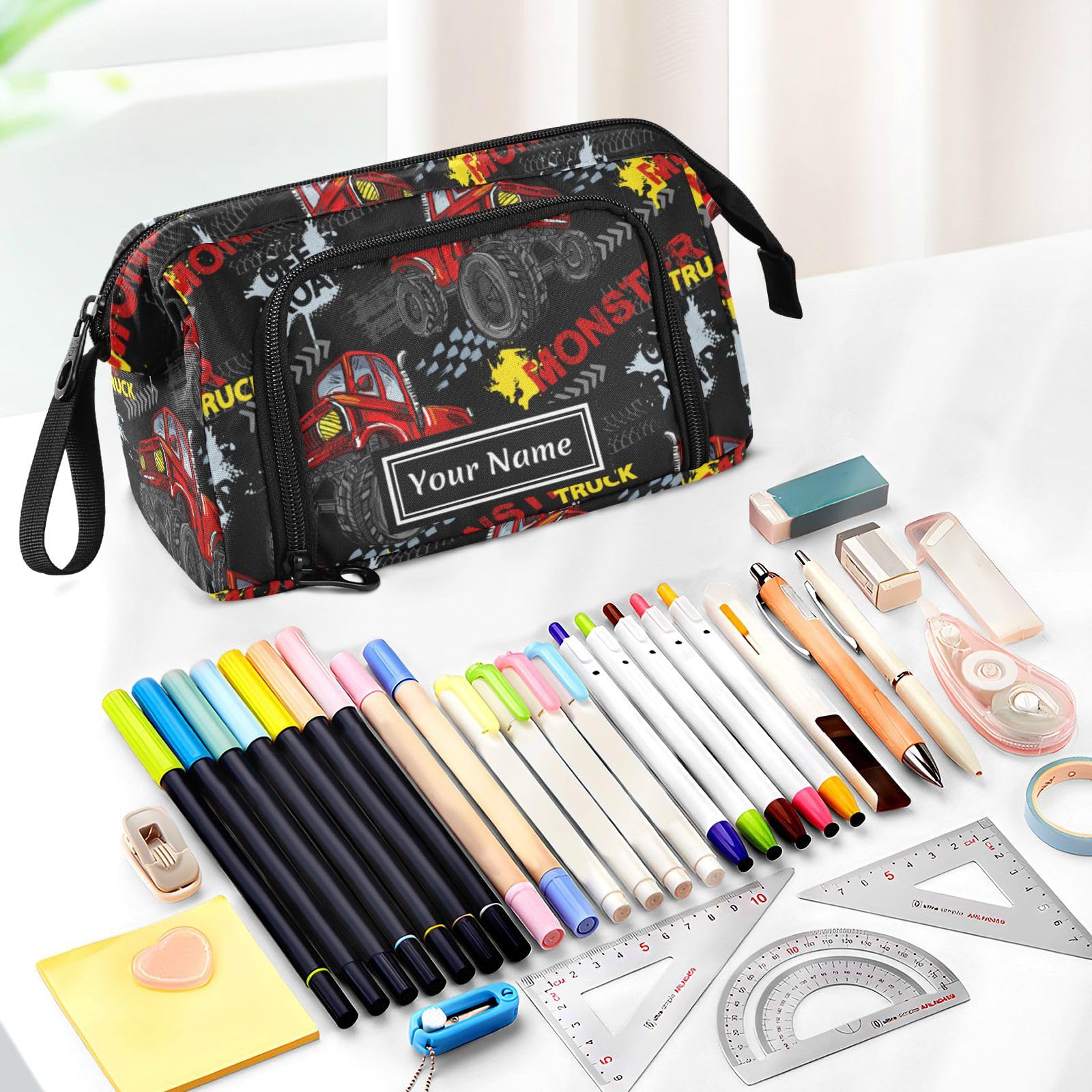 IHCVHQX Custom Pencil Case Red Monster Truck Car Personalized Name Large Capacity Pencil Pouch Portable Pencil Bag for Office School Teen Girl Boy Men Women