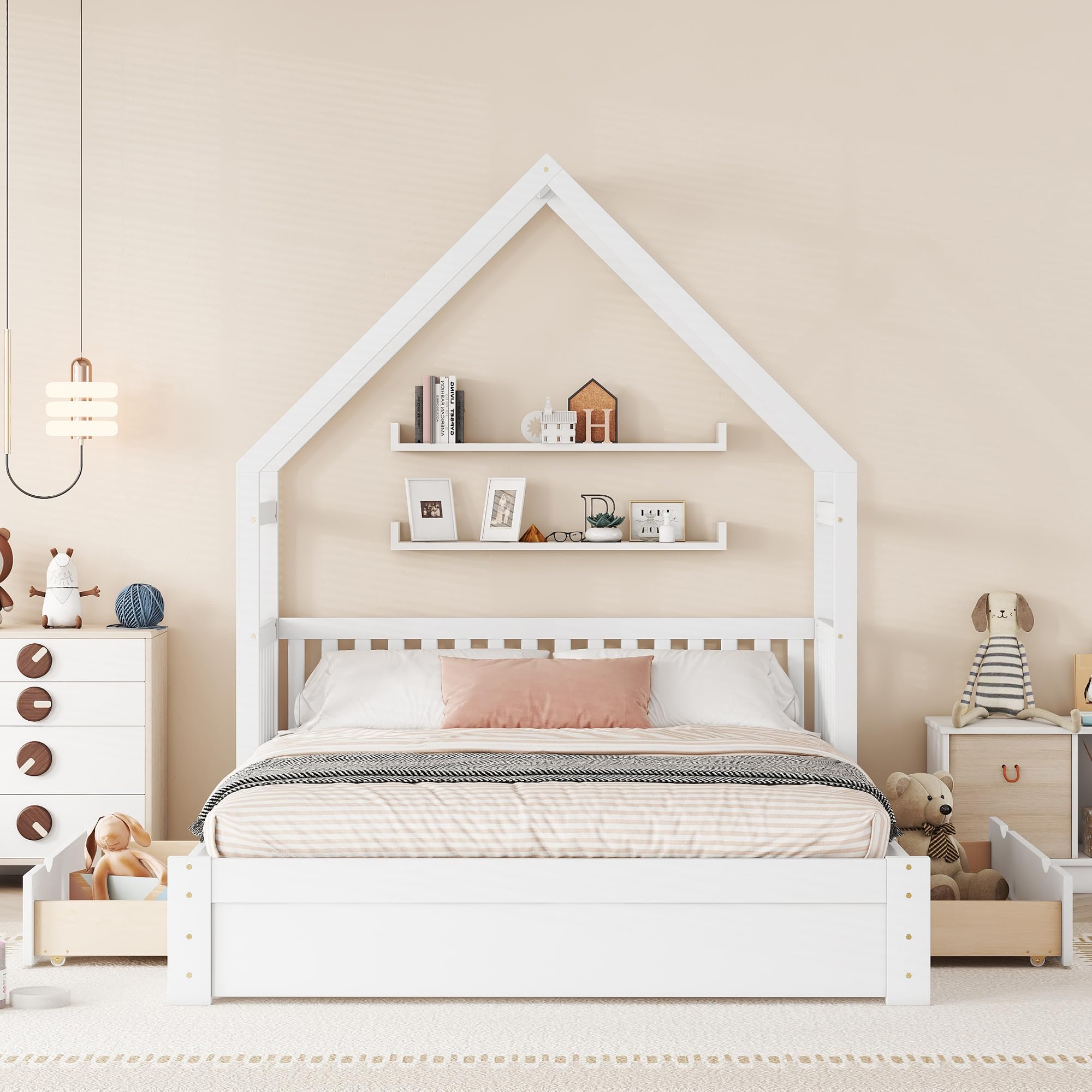 SOFTSEA Queen Size House Bed for Kids, Floor Bed Frame with 2 Storage Drawers, Low Wood Bed Frame with Guardrails and Roof, House Shaped Bed for Kids, White