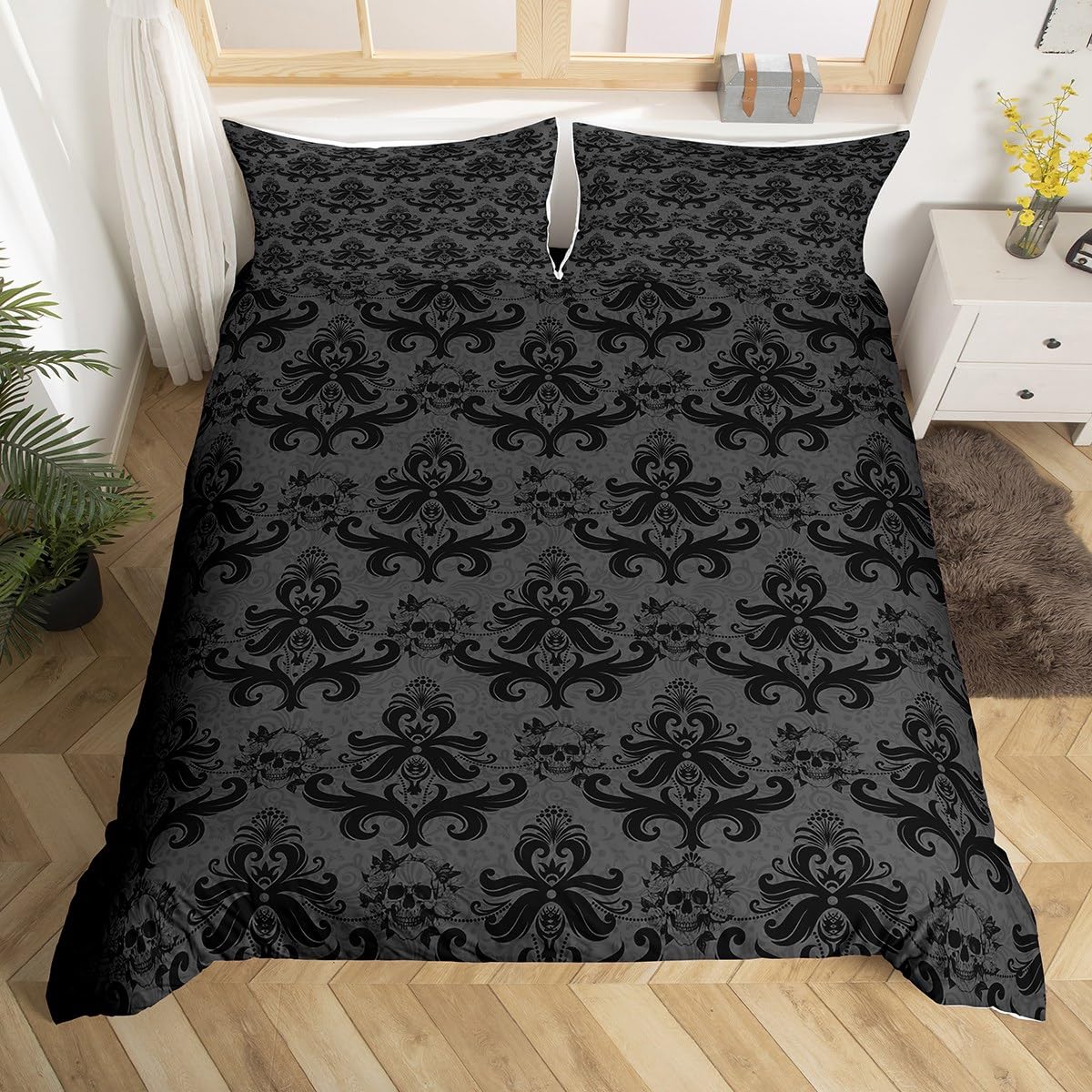 Feelyou Black Bedding Set Twin Size Kids Jacquard Comforter Cover Set for Boys Teens Sugar Skull Duvet Cover Exotic Black Damask Bedspread Cover Room Decor Quilt Cover