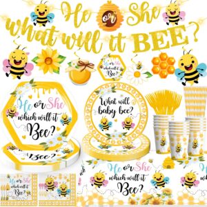 yingoto 168pcs what will it bee gender reveal decorations tableware set, bee gender reveal decorations include banner, plates, napkins, tablecloth, bee party decorations for baby shower, serve 25