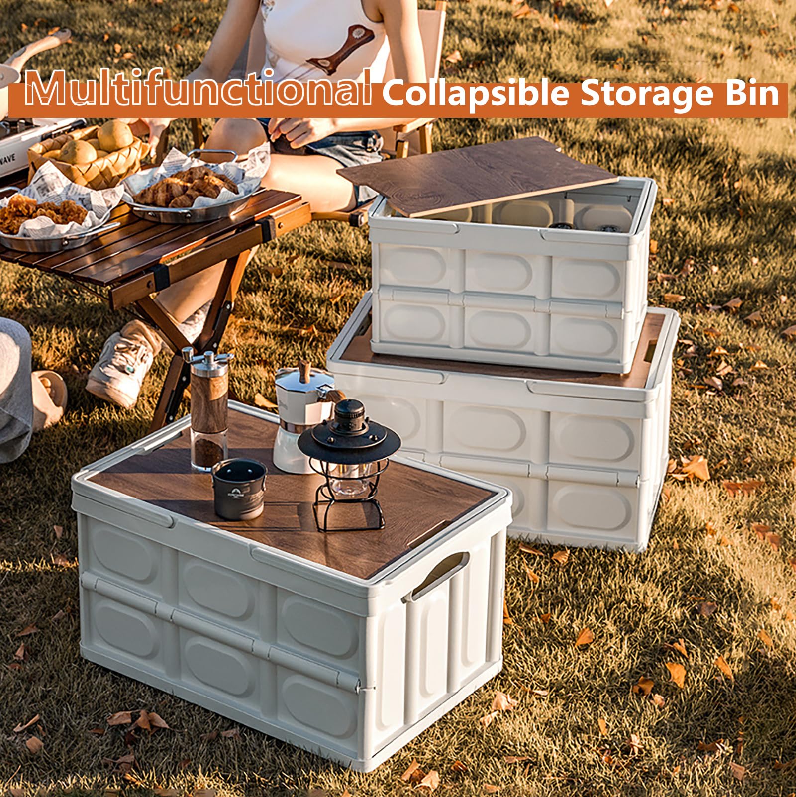 VPTMRP Collapsible Storage Bin with Handles and Wooden Lid, Large Capacity Stackable Utility Crates Holds 33lbs for Outdoor Home Storage Organizing Moving (30L/7.9Gal)