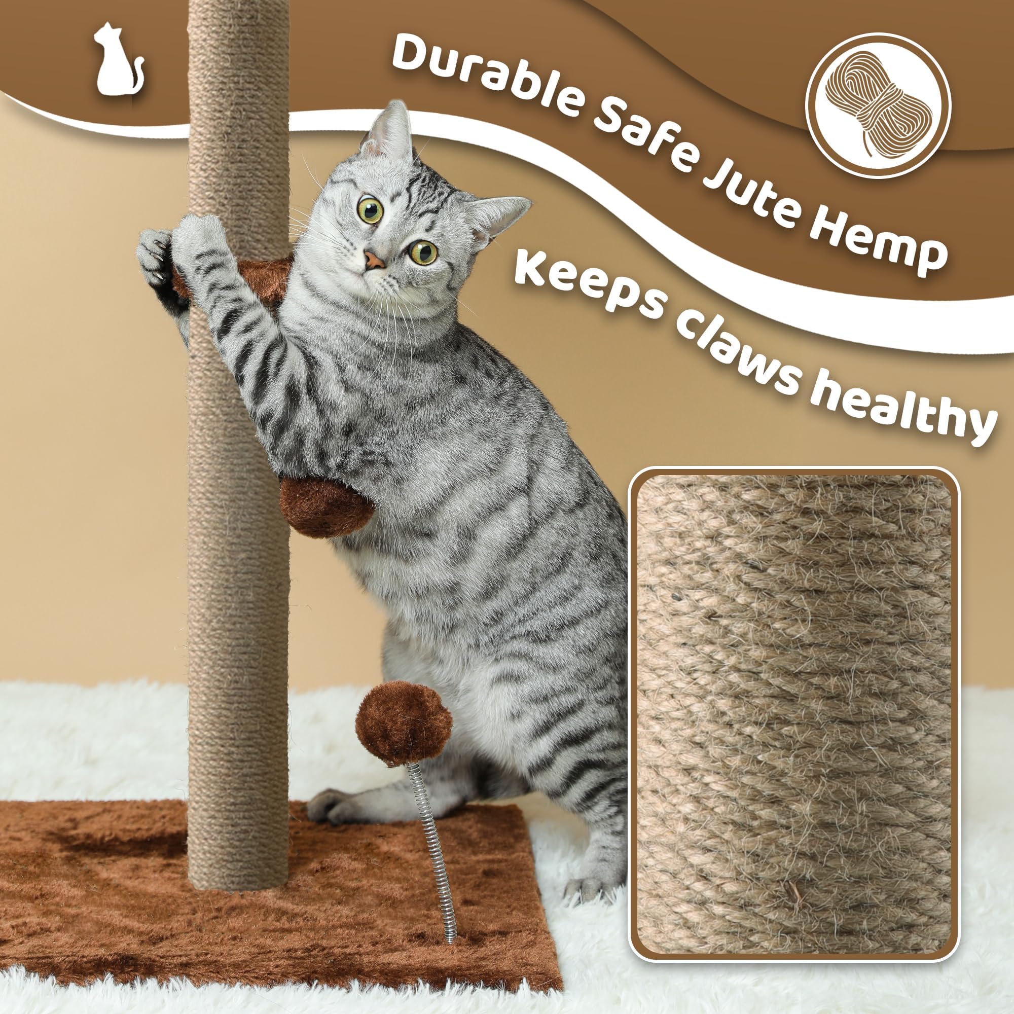 34'' Tall Palm Cat Tree, Cat Scratching Post, Kitten Cat Scratch Cute Scratcher for Indoor Cats with Hanging Dangling Toy Balls for Large Cats and Kittens, Brown