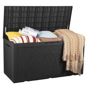 lynkloft outdoor storage box 100 gallon waterproof deck box resin patio storage bench with lockable lid outdoor storage bin for pillow, cushion, garden tool, black