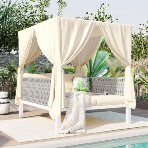 kevinspace patio outdoor daybed sunbed, outdoor daybed with retractable canopy outdoor wicker rattan furniture sets, sectional cushioned sofa set waterproof cushions for garden backyard porch beige