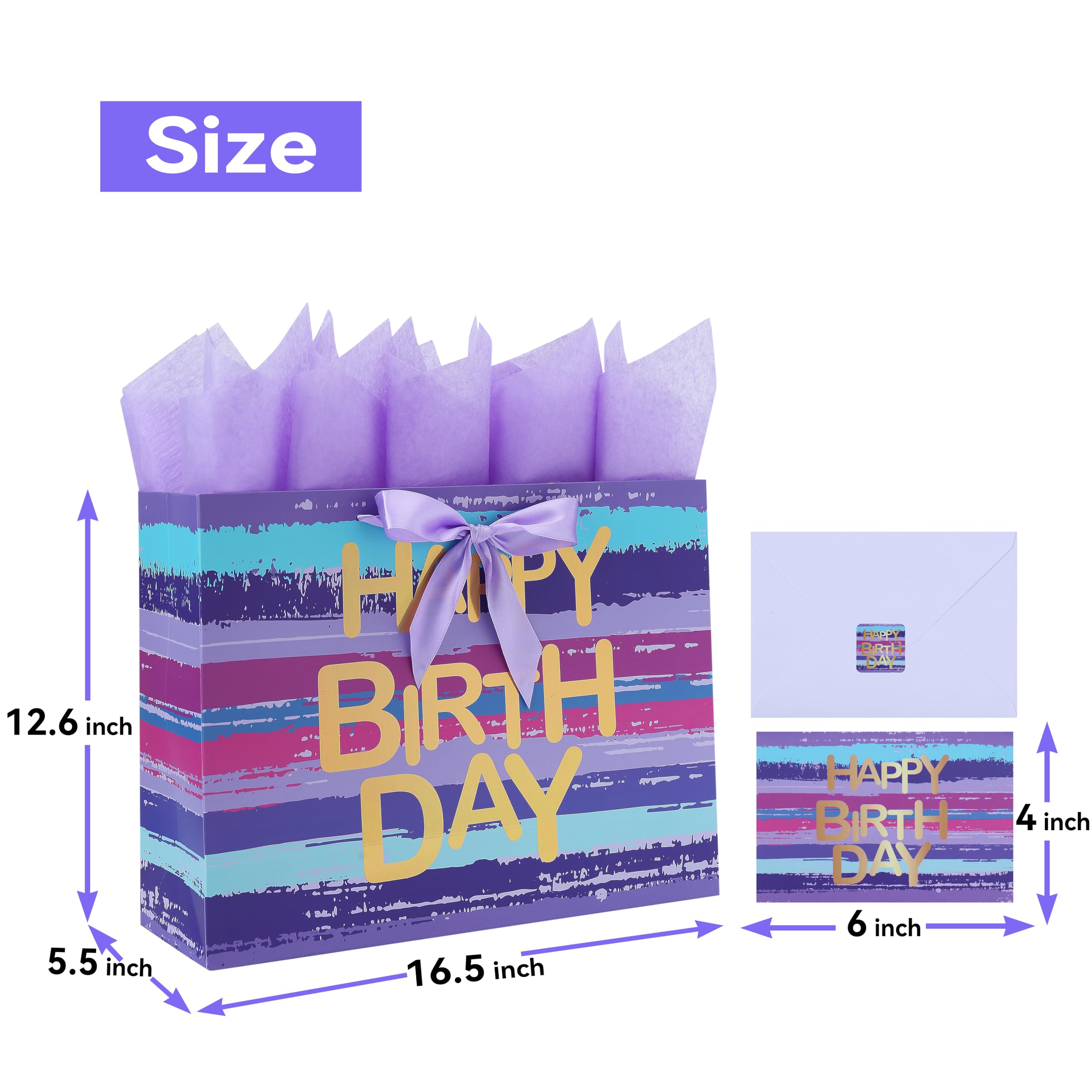 16.5” Extra Large Purple-blue Multicolor Watercolor Gift Bag Set with Greeting Card and Lavender Tissue Papers (Gold Foil ‘Happy Birthday’) for Women's or Men's Birthday Party, Girls', Boys' or Kids' Party, Baby Shower, Baby Girl or Boy -16.5”x5.5”x12.6”,