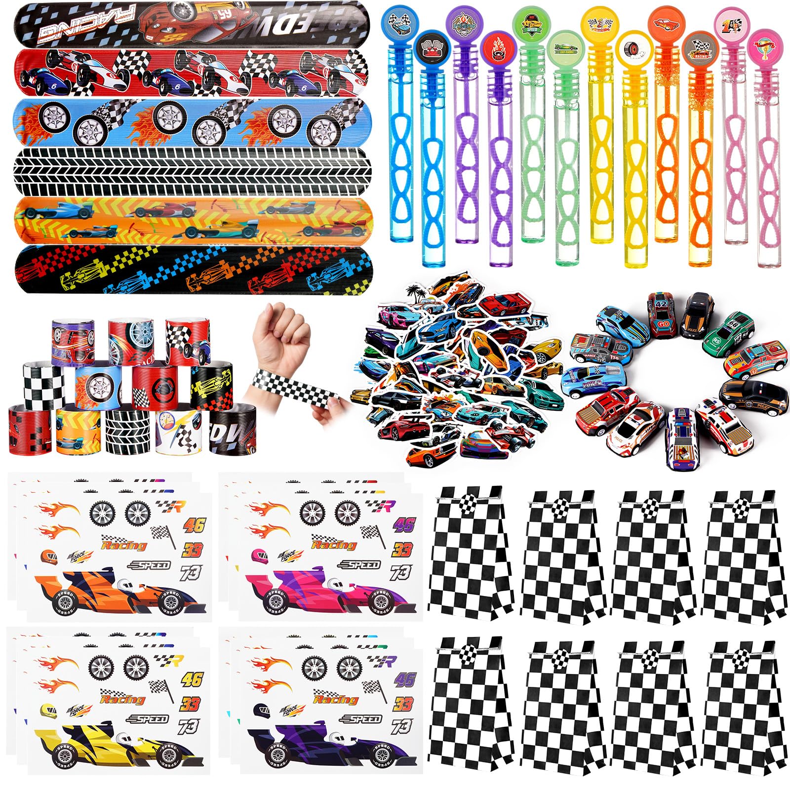 Vanblue 110Pcs Race Car Party Favors Race Car Birthday Party Supplies Straw Bubble Slap Bracelet DIY Sticker Toy Gift Boy Kid Treat Candy Bags Stuffers Themed birthday Decorations Classroom Reward