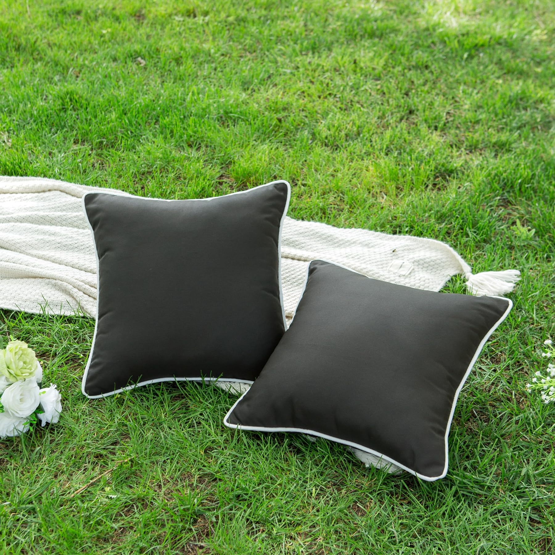 LIGICKY Pack of 2 Outdoor Waterproof Throw Pillow Covers Decorative Black and White Square Pillows Cushion Case Outside Pillowcase for Patio Couch Tent Sunbrella (18x18 inch)