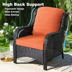 ovios Patio Furniture Set, 5 Piece Outdoor Wicker High Back Sofa with Comfy Cushions Ottomans, All Weather Conversation Set, Brown Rattan Orange Red