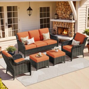 ovios patio furniture set, 5 piece outdoor wicker high back sofa with comfy cushions ottomans, all weather conversation set, brown rattan orange red