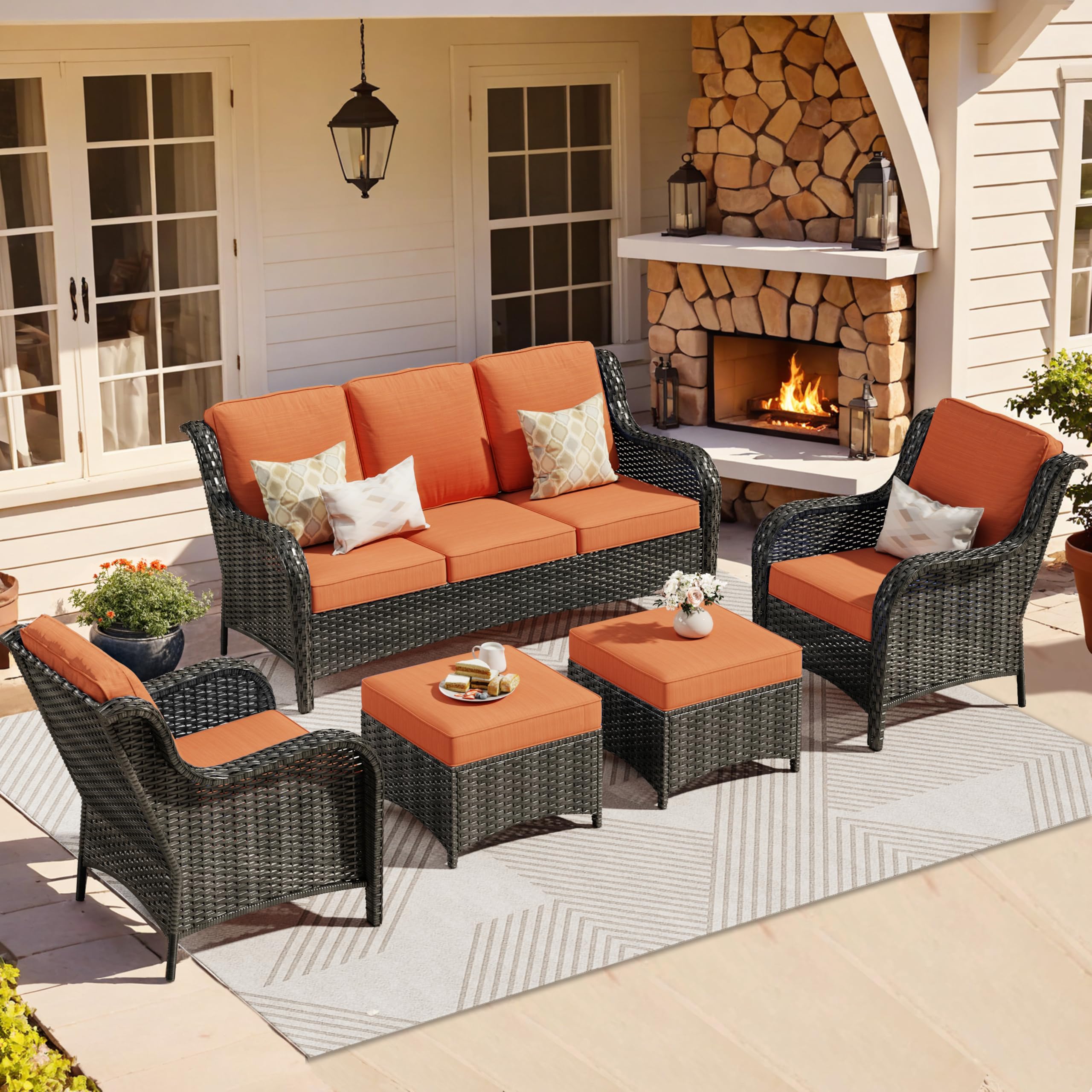 ovios Patio Furniture Set, 5 Piece Outdoor Wicker High Back Sofa with Comfy Cushions Ottomans, All Weather Conversation Set, Brown Rattan Orange Red