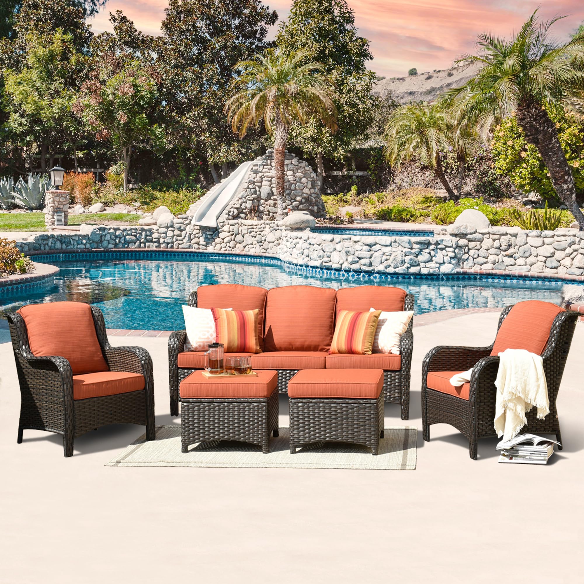 ovios Patio Furniture Set, 5 Piece Outdoor Wicker High Back Sofa with Comfy Cushions Ottomans, All Weather Conversation Set, Brown Rattan Orange Red