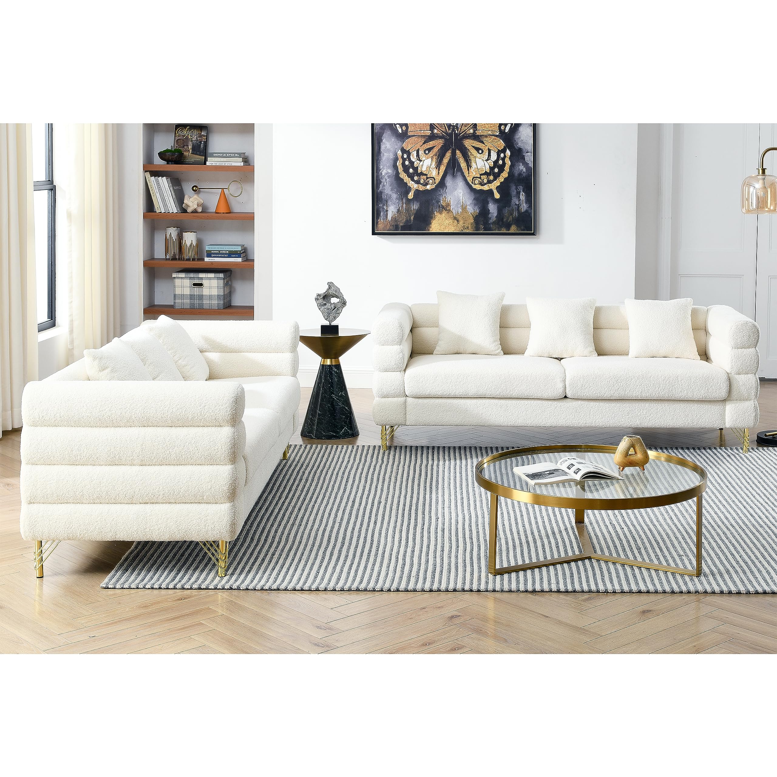 ATUMON Modern White 2 Pieces 81" 3-Seater Teddy Fabric Sectional Sofa Set,Comfort Fabric Sectional Sofa-Deep Seating Sectional Sofa with 6 Pillows,Solid Wood Frame+Gold Metal Legs…