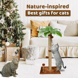 34'' Tall Palm Cat Tree, Cat Scratching Post, Kitten Cat Scratch Cute Scratcher for Indoor Cats with Hanging Dangling Toy Balls for Large Cats and Kittens, Brown