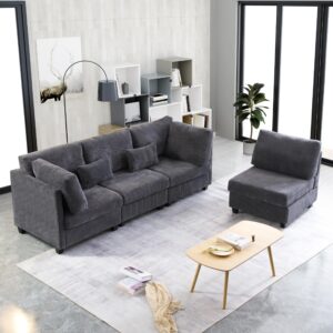 MYINDA Sectional Couches for Living Room, Convertible 4-Seat Deep Modular Couch with Movable Ottoman, Modern L Shaped Couch, Comfy Corduroy Upholstered Corner Sofa & Couches (Dark Gray)