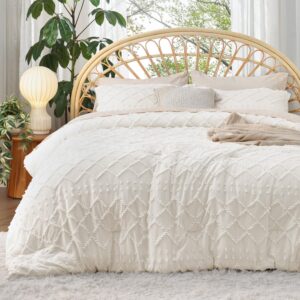 bedsure king size comforter set - ivory boho comforter, tufted shabby chic bedding comforter set, 3 pieces vintage farmhouse bed set for all seasons, fluffy soft bedding set with 2 pillow shams