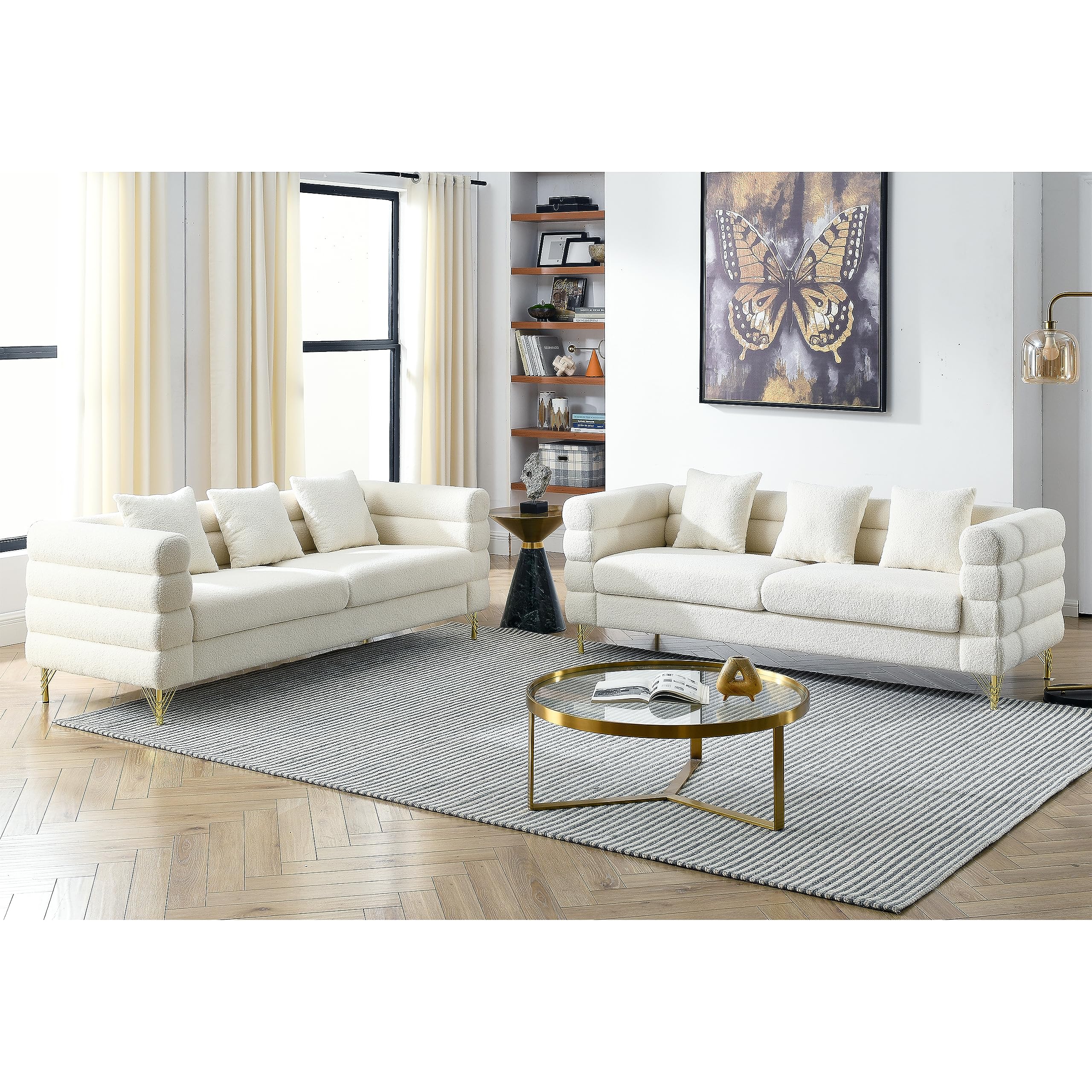 ATUMON Modern White 2 Pieces 81" 3-Seater Teddy Fabric Sectional Sofa Set,Comfort Fabric Sectional Sofa-Deep Seating Sectional Sofa with 6 Pillows,Solid Wood Frame+Gold Metal Legs…