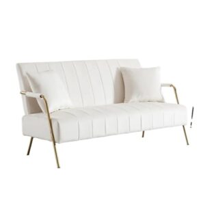 fancuf comfy beige velvet couch with/iron legs for compact space, living room sofa