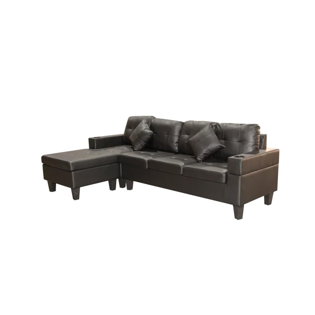 FANCUF Sectional Sofa Set for Living Room with L Shape Chaise Lounge,Cup Holder and Left Or Right Hand Chaise 4 Seat Black PU