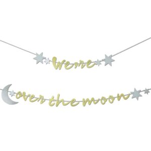 we’re over the moon banner，creative alphabet party banner，over the moon baby shower decoration，golden glitter party wall decoration，wedding bridal shower baby shower anniversary party decorations