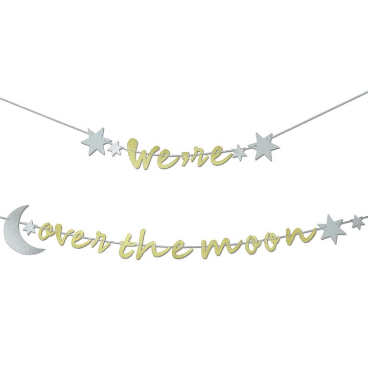 We’re Over The Moon Banner，Creative Alphabet Party Banner，Over The Moon Baby Shower Decoration，Golden Glitter Party Wall Decoration，Wedding Bridal Shower Baby Shower Anniversary Party Decorations