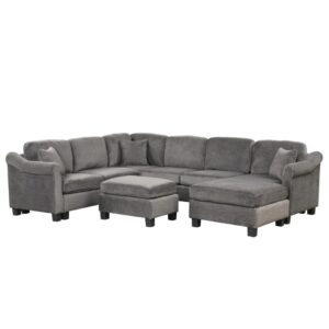 fancuf 4pcs sectional sofa with ottoman with right side chaise velvet fabric dark gray (color : e, size : as shown)