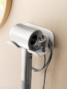 storicans universal hair dryer holder, blow dryer hanger wall mount for hair dryer hook with plug&cord organizer self adhesive for cabinet bathroom |white | 5x4 inch