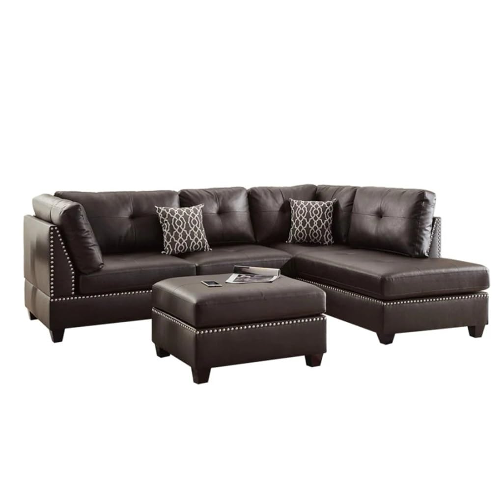 FANCUF Faux Leather Reversible Sectional Sofa with Ottoman in Espresso