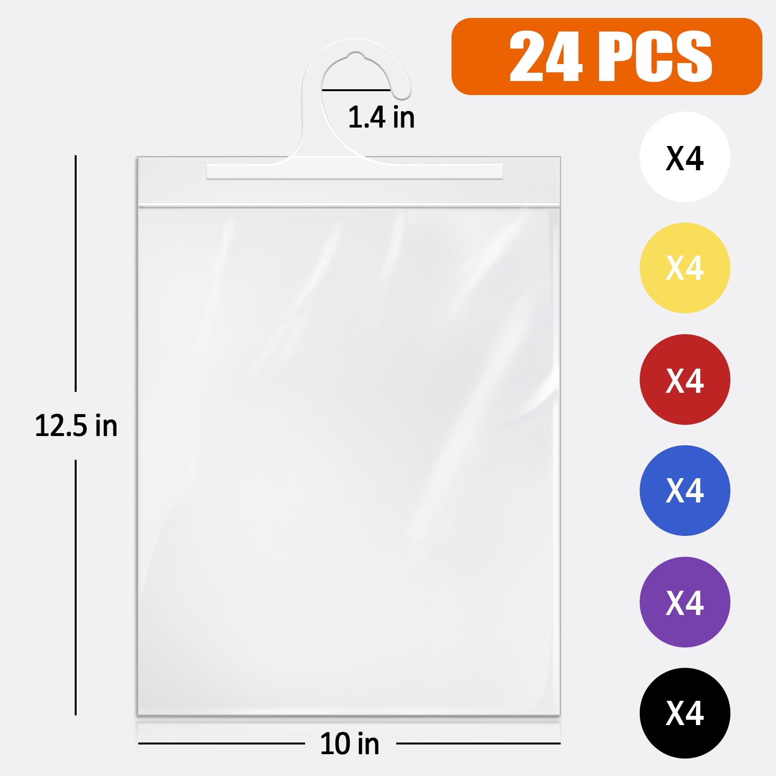 24 Pack Hanging Storage Bags, Headphone Storage Bags, Colorful Large Hook 10 x 12.5-inch Clear Plastic Bags for Classroom, Library, and Pharmacy Use